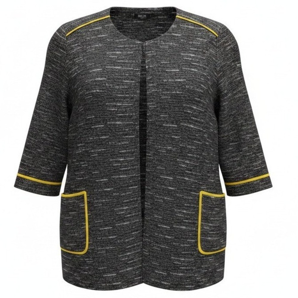 Misook Knit Jacket Womens 2X Black White Yellow Zip Front 3/4 Sleeve Pocket